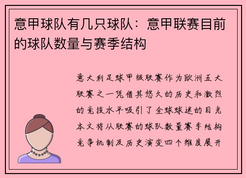意甲球队有几只球队：意甲联赛目前的球队数量与赛季结构